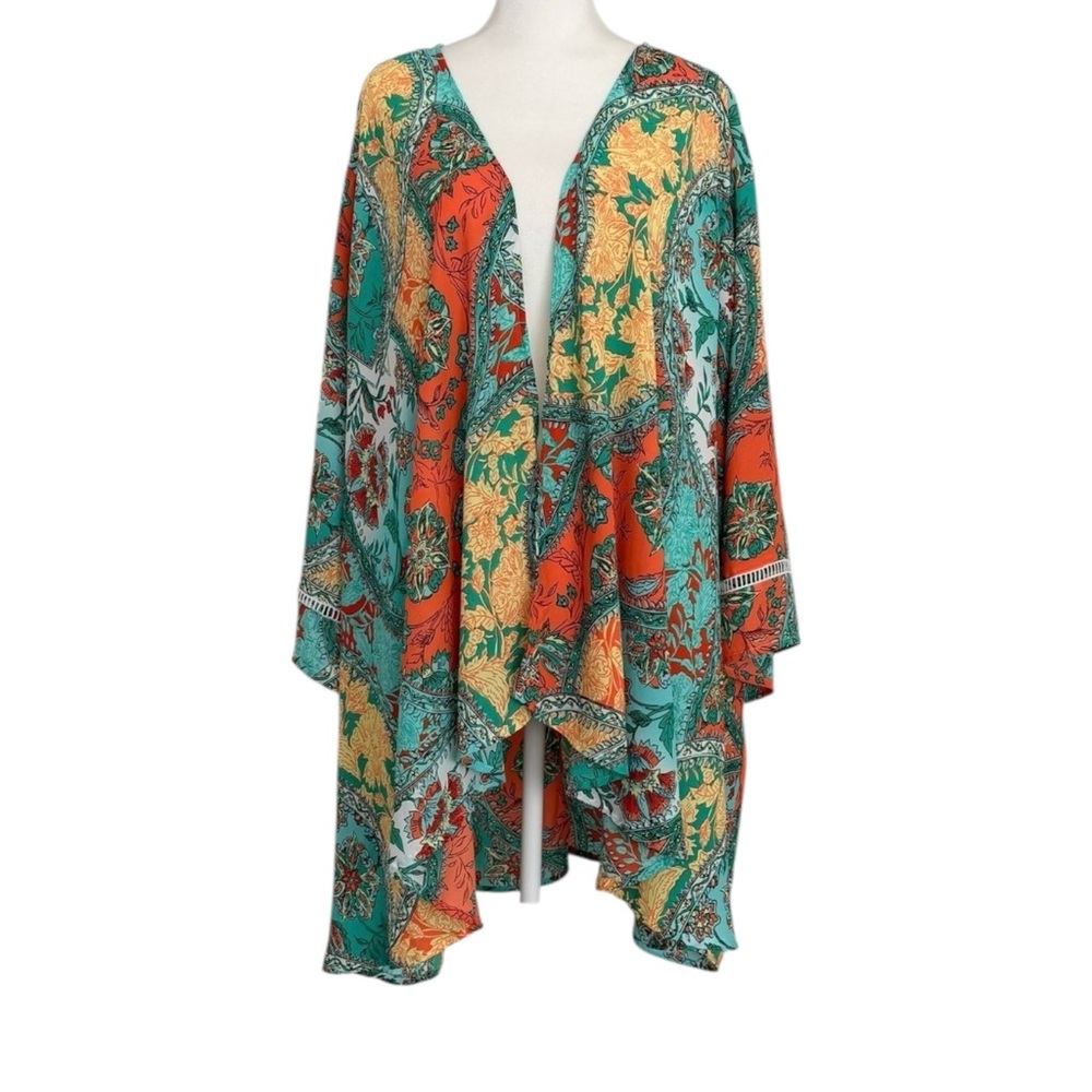 Catherines Paisley Open Front Crochet Boho Resort Tropical Kimono Cardigan (5X)